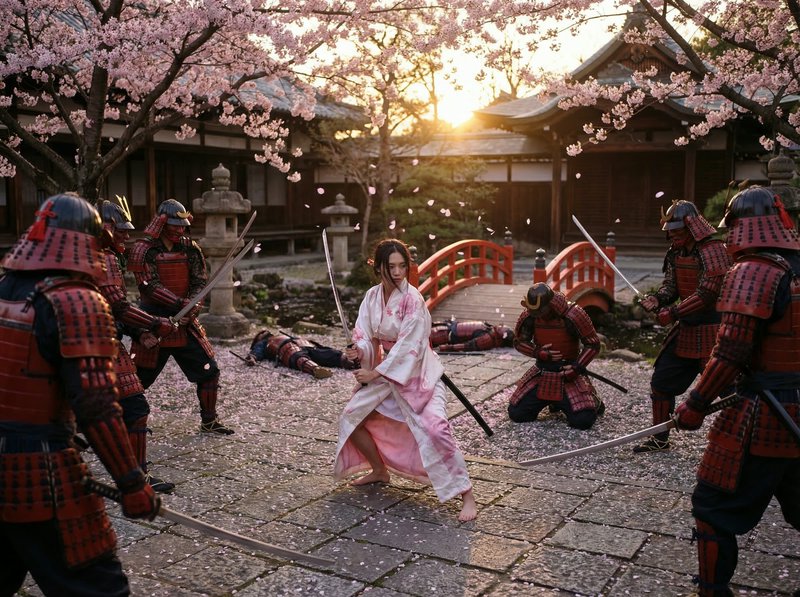Woman in pink kimono fights a circle of samurai in red armor amid cherry blossoms at sunset.