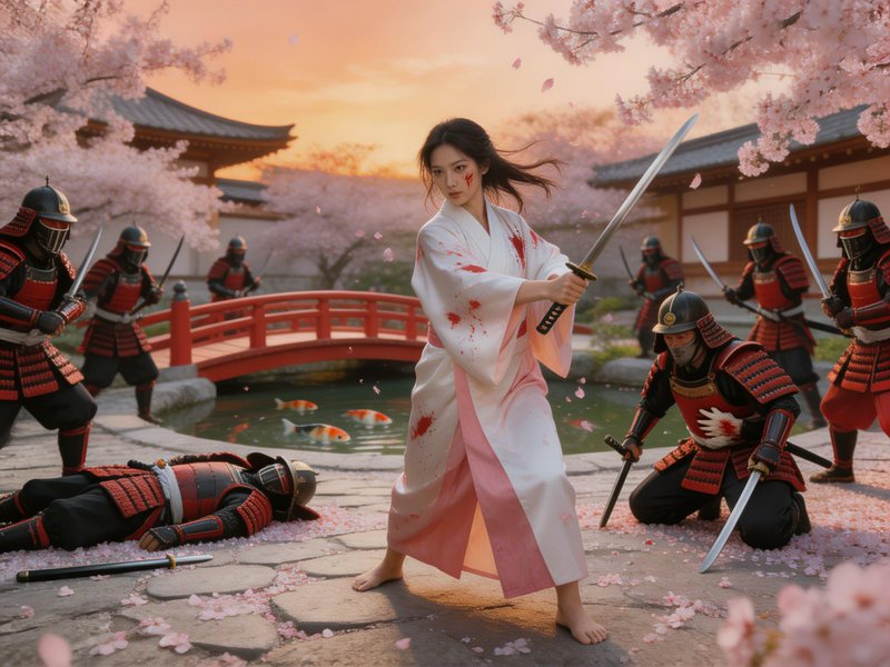 Woman in white kimono with a katana confronts armored samurai among cherry blossoms.