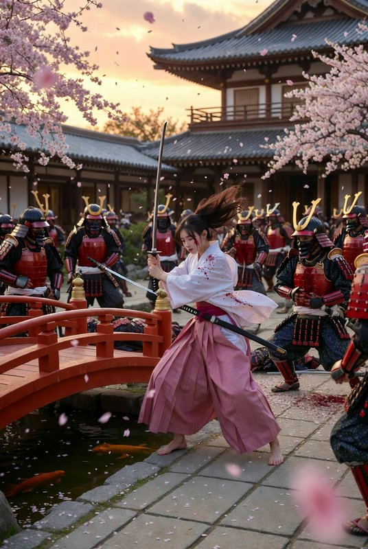 Woman in pink hakama wielding a sword on a red bridge, surrounded by samurai and blooming cherry ...