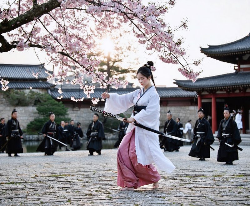 Woman in white and pink traditional dress wielding a sword among martial artists under cherry blo...