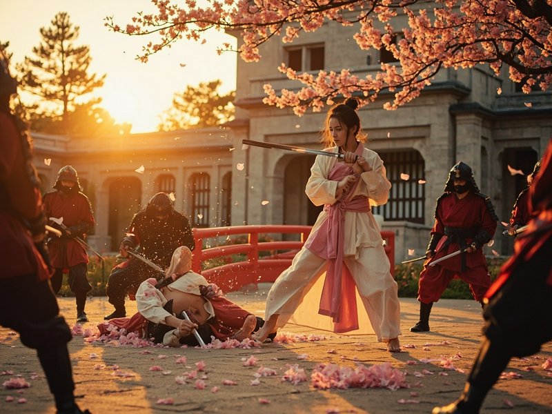 Woman in white and pink robe wields a sword in a cherry blossom courtyard at sunset.