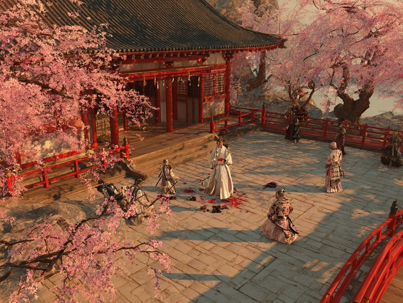 Temple courtyard with pink cherry blossoms and robed figures in historical attire.