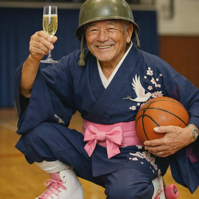 An elderly man in a navy kimono with a pink obi raises a champagne glass, holding a basketball an...