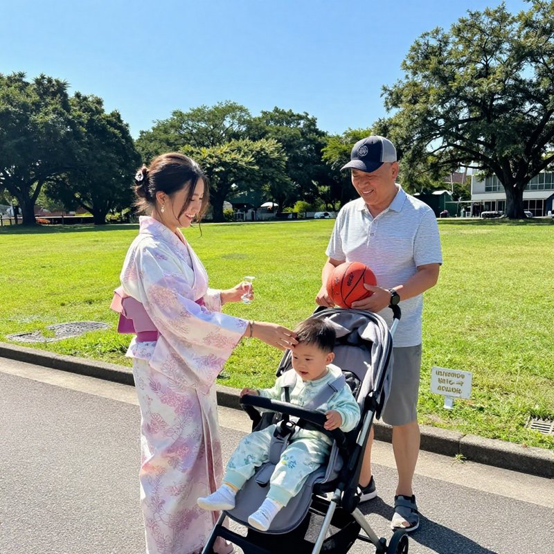 Asian woman in a pastel kimono bending toward a baby in a stroller while a man holds a basketball...