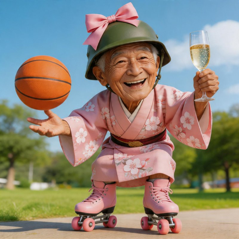 Elderly woman in a pink floral kimono on roller skates, with a helmet and pink bow, holding a cha...