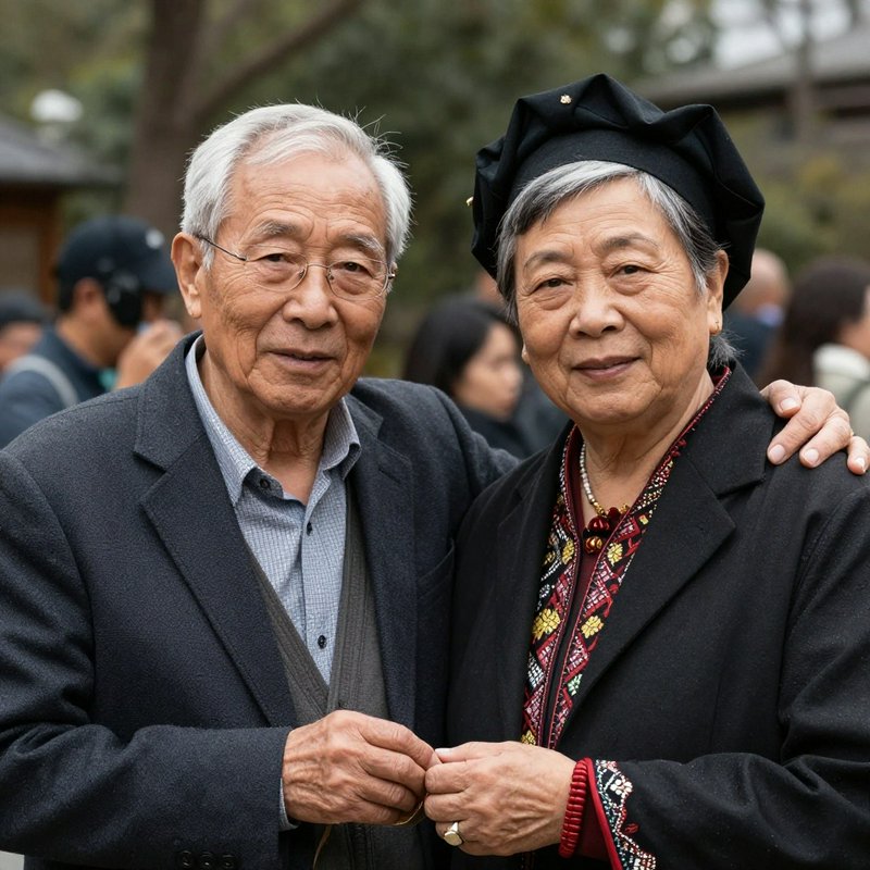 Senior Asian couple posing outdoors with arms around each other, smiling warmly.