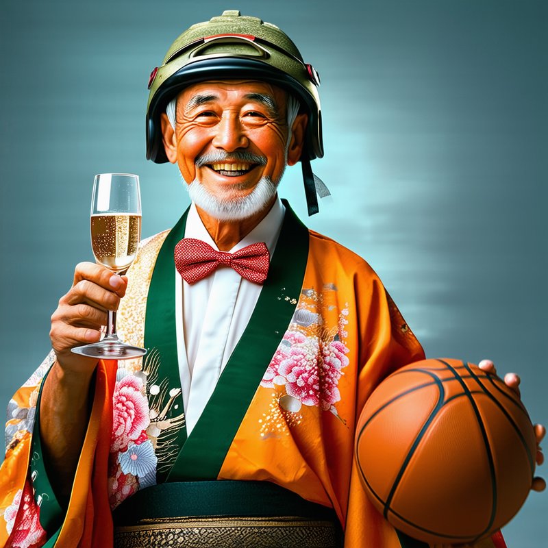 Smiling senior man in a kimono with a helmet, holding a wine glass and a basketball.