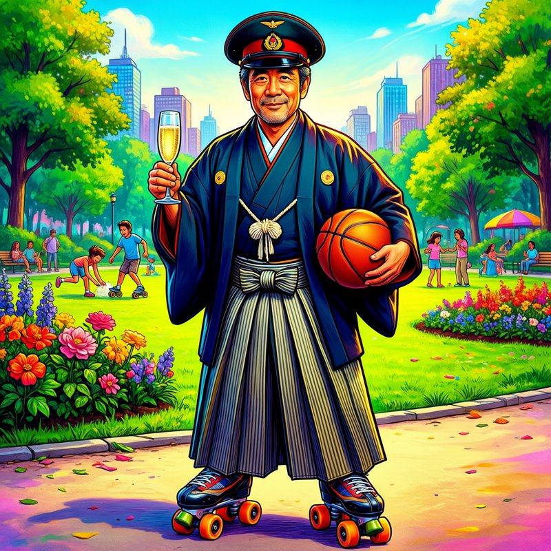 Colorful cartoon of a man in traditional Japanese kimono on roller skates in a park, holding cham...