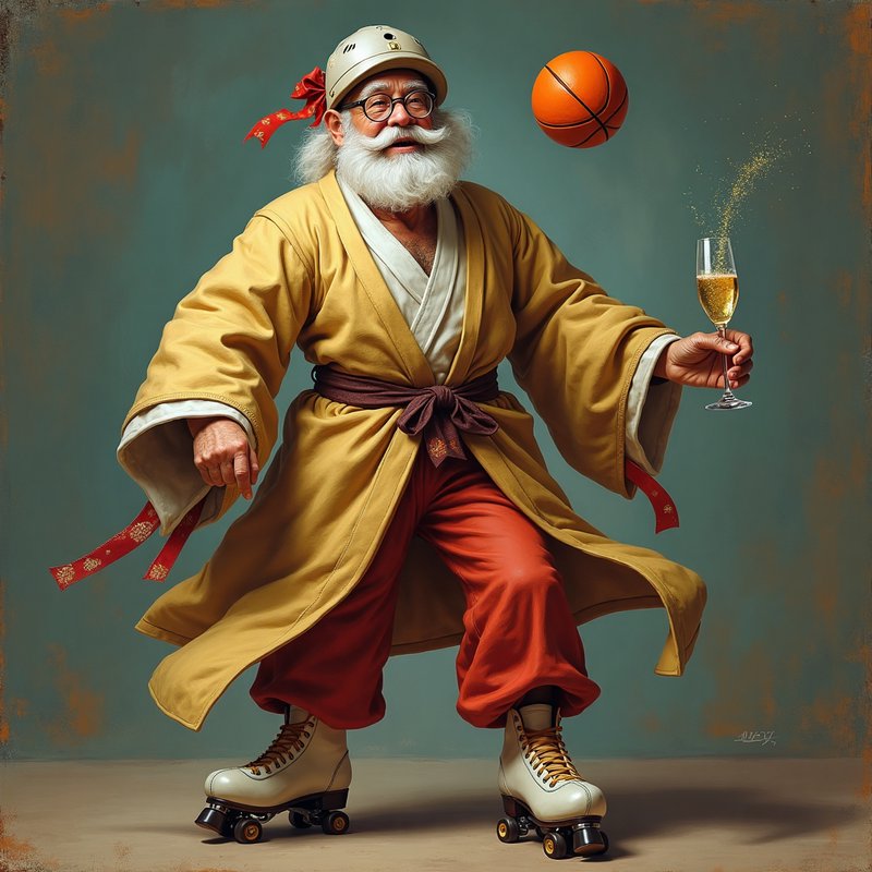 Older man with white beard in a yellow kimono roller-skates, holding a champagne flute with a bas...