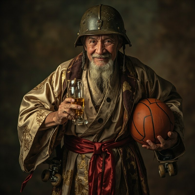 Old man in a traditional robe and helmet, holding a beer glass and a basketball.