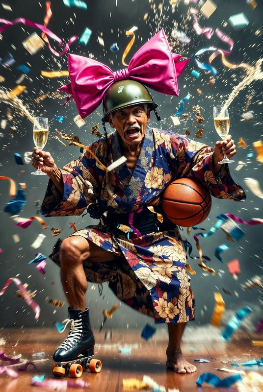 Person in floral kimono with green helmet and oversized pink bow amid confetti, holding champagne...