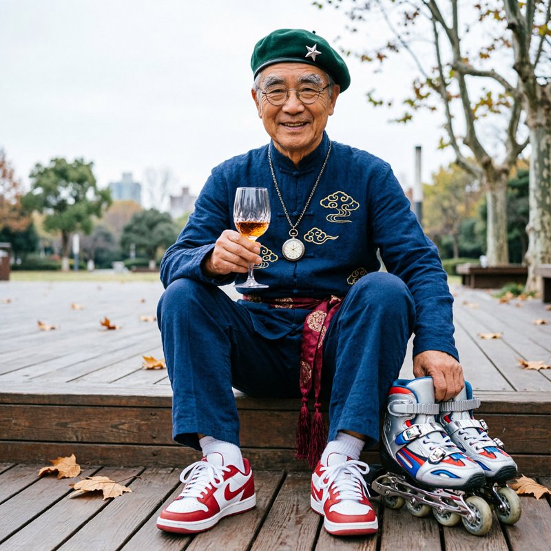 Elderly man in blue traditional outfit with a green beret, holding a wine glass beside roller ska...