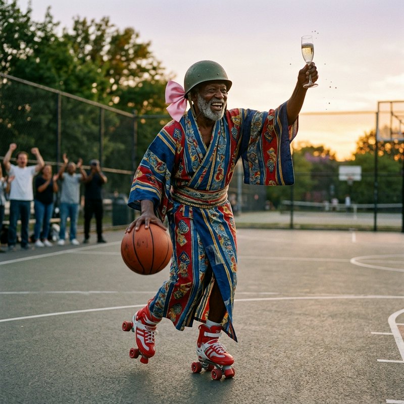 Elderly man in a colorful kimono roller-skating on a basketball court, helmet, cheering with a ra...