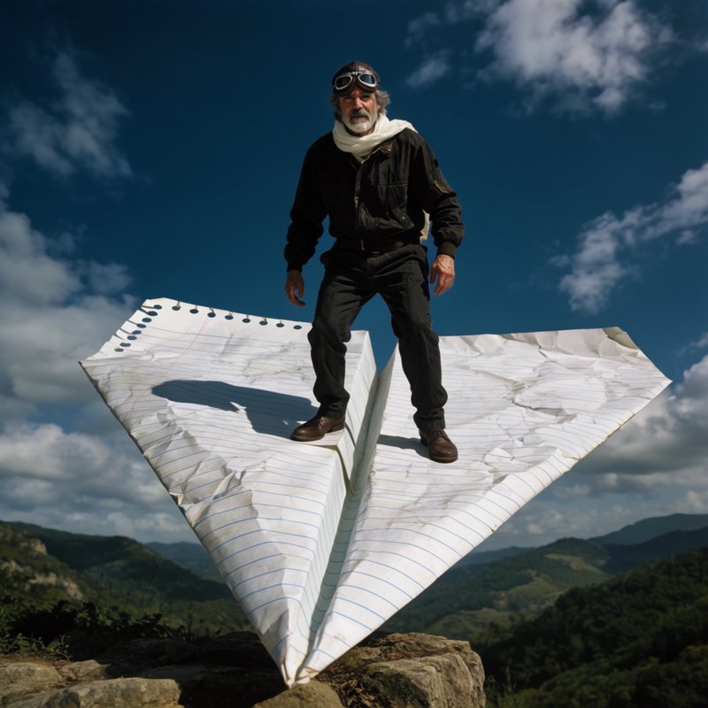 Elderly man wearing goggles stands on a giant paper airplane atop a rocky hill with a blue sky.