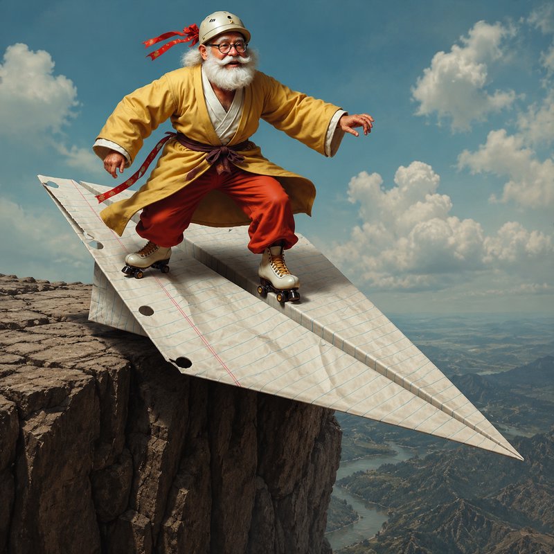 Elderly man in a yellow robe and helmet roller-skating on a giant paper airplane at a cliff edge.