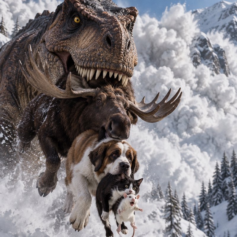 Absurd stacked chain of animals from T-rex down to a mouse are caught in a rushing snowy mountain avalanche