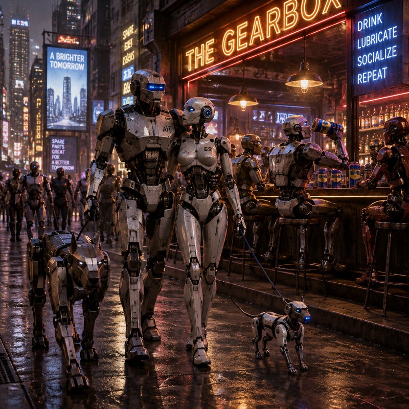 Humanoid robot couple walks robotic dogs past a neon cyberpunk bar on a rainy city street