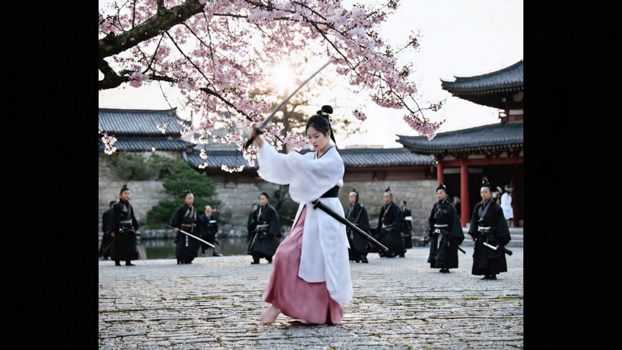 Woman in white and pink traditional hanfu wielding a sword amid blossoms and historical courtyard...
