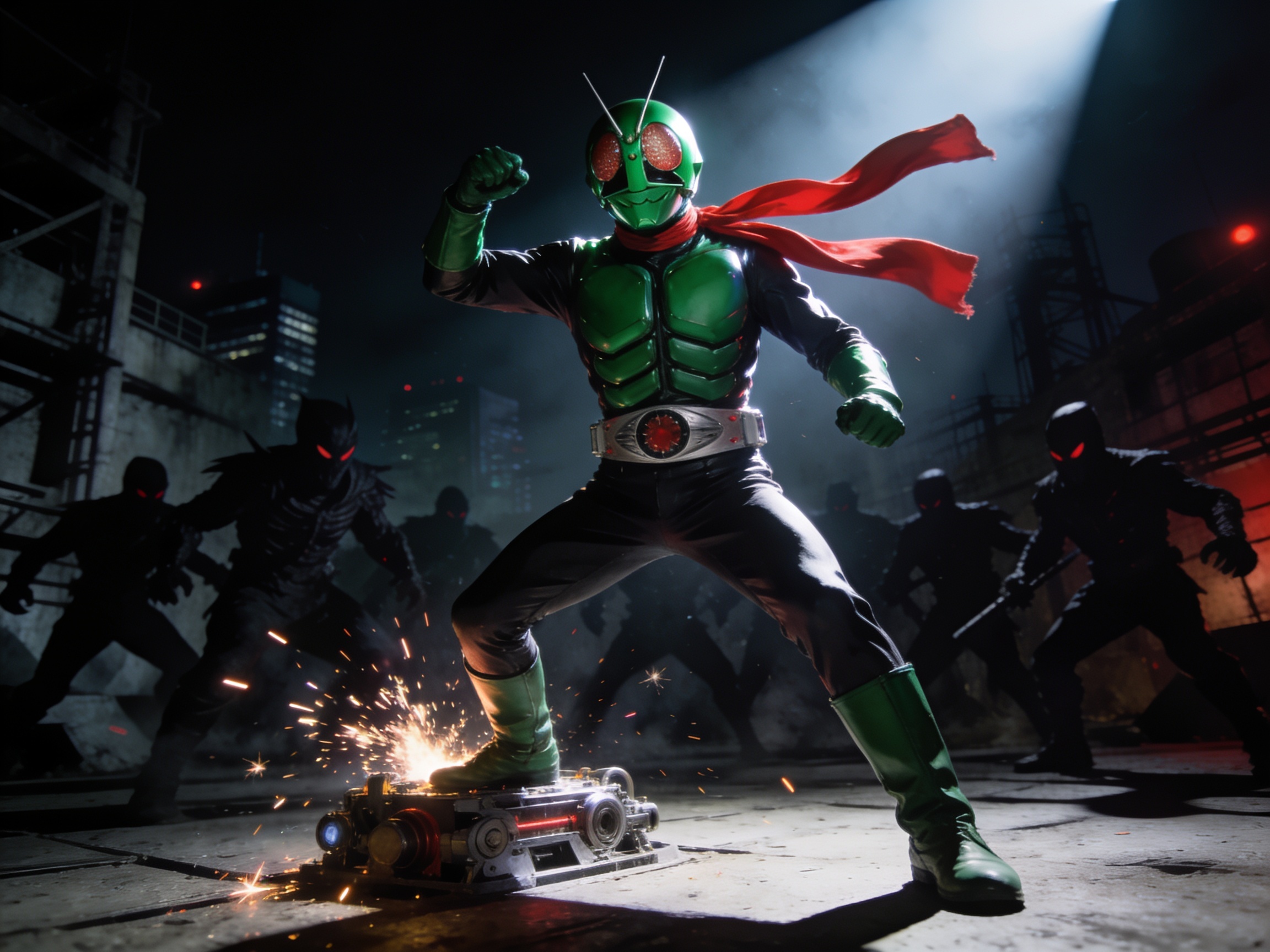 Green armored Kamen Rider with red scarf stands battle-ready as shadowy red-eyed villains close in on a foggy industrial r...