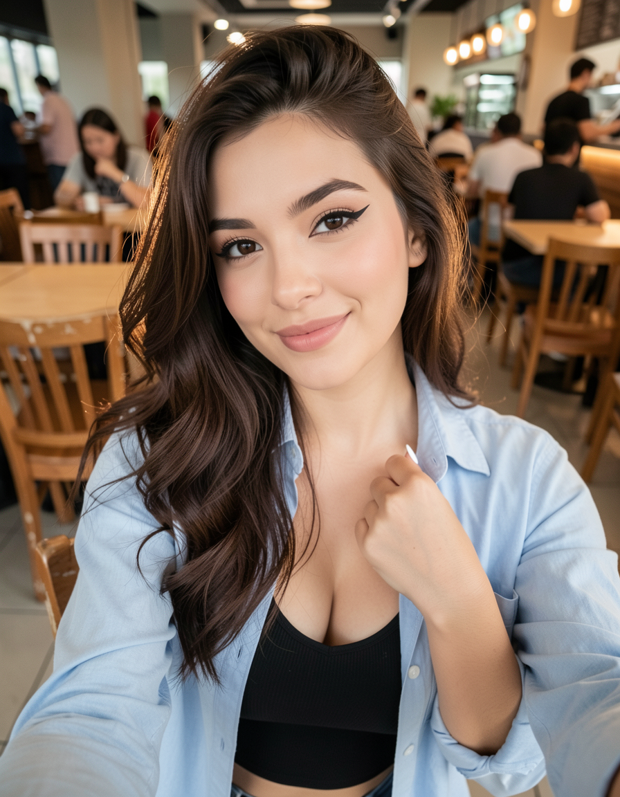 Young woman taking a soft smiling selfie inside a bright busy casual cafe
