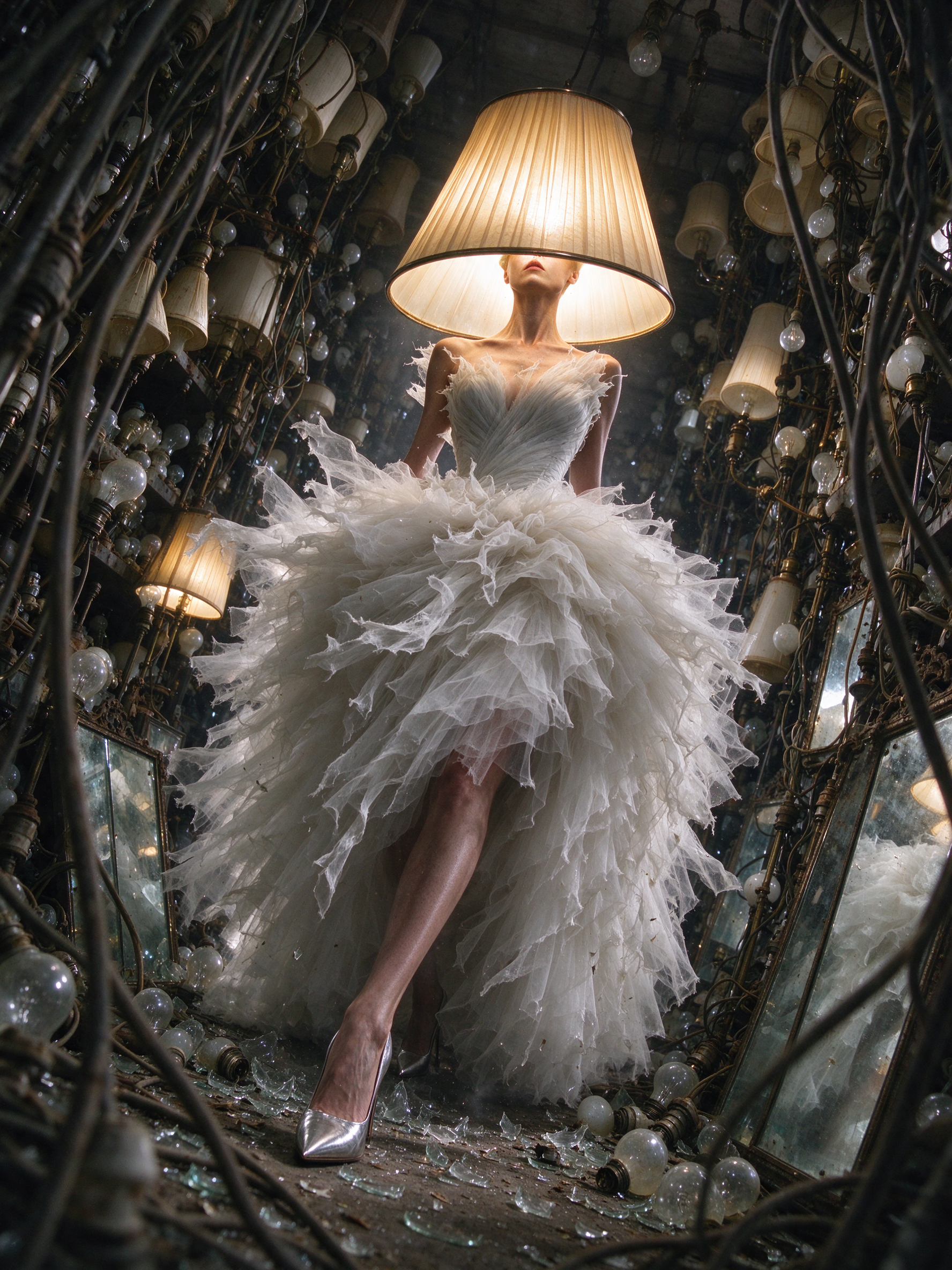 Model in voluminous ruffled white tulle gown stands amid tangled vintage lamps, glowing lampshade obscuring her face