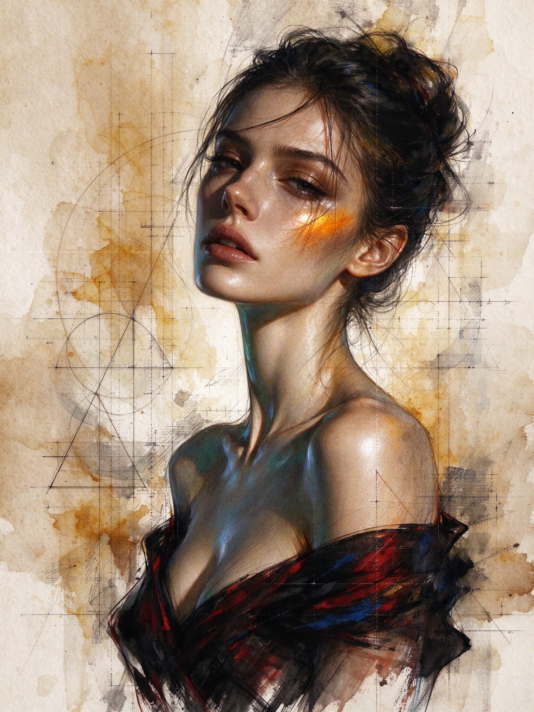 Expressive painterly portrait of a young woman with glowing golden cheek highlight against a textured watercolor background