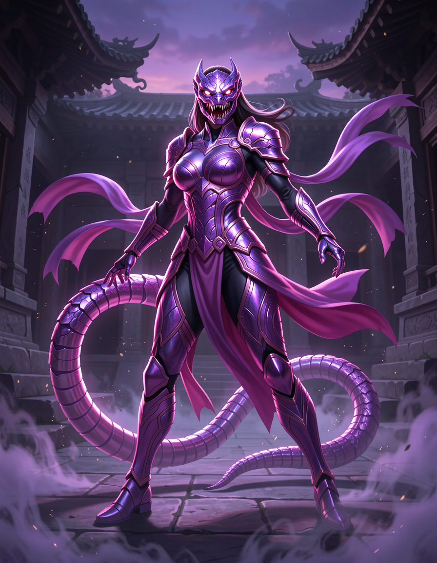 Menacing female warrior in purple dragon armor with serpent tail stands in a misty ancient temple courtyard