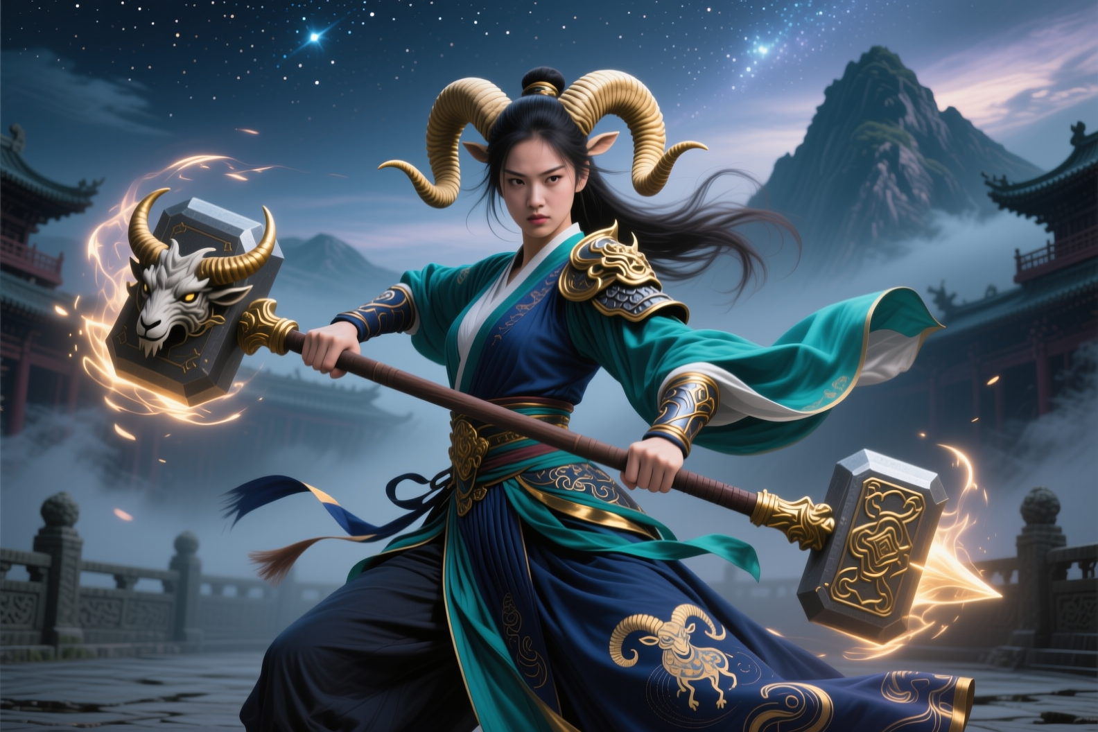 Horned female East Asian warrior wielding glowing dual war hammers on a misty temple terrace