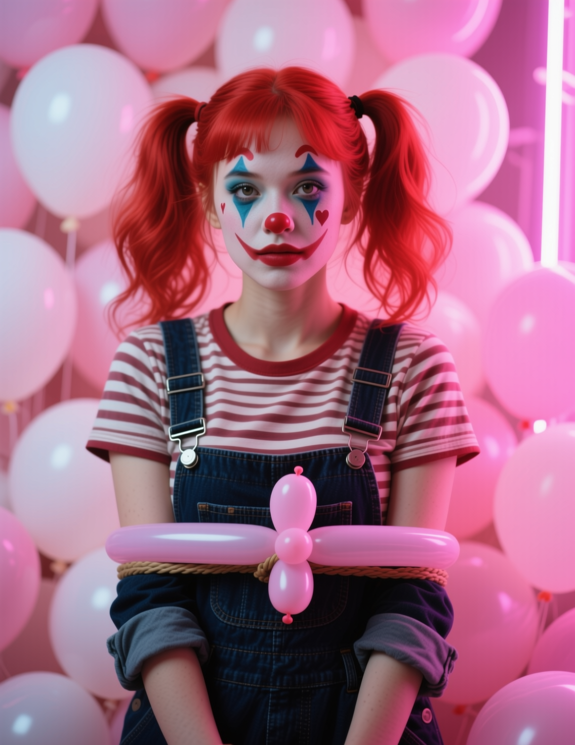 Young female clown with red pigtails stands with tied arms against a soft pink balloon backdrop