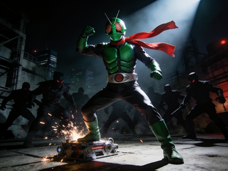 Green armored Kamen Rider with red scarf stands battle-ready as shadowy red-eyed villains close i...