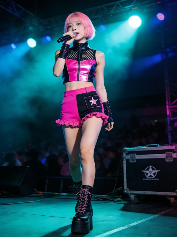 Young female K-pop performer with short pink hair sings on a lit concert stage wearing a bold pin...