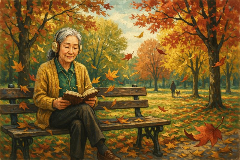 Smiling elderly woman with headphones reads a book on a park bench while fall maple leaves drift ...