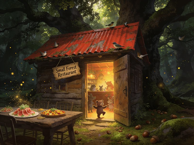 Whimsical Small Forest Restaurant wooden cabin, cute woodland animals greeting guests in an encha...