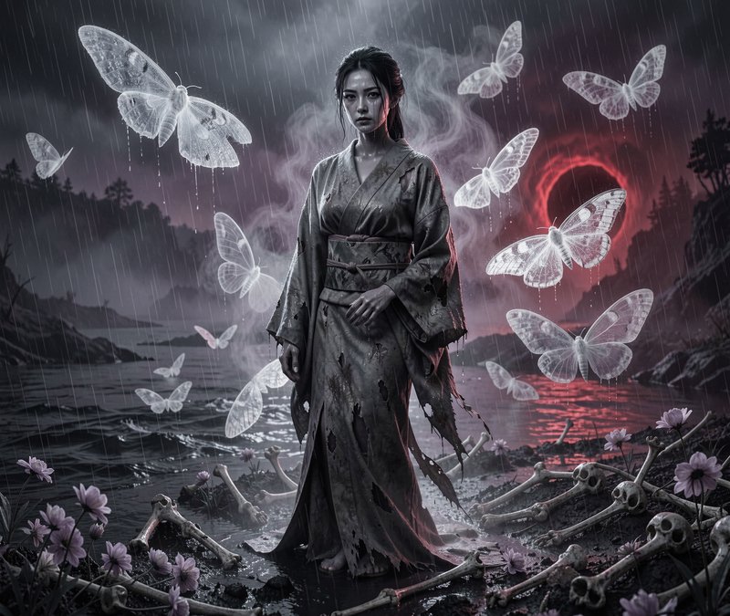 Ghostly Japanese woman in tattered kimono stands in rain, surrounded by glowing spirit moths, red...