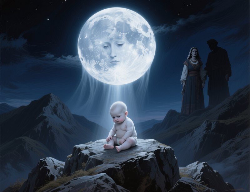 Surreal fantasy scene: full moon with human face shines ethereal light on seated infant on mounta...