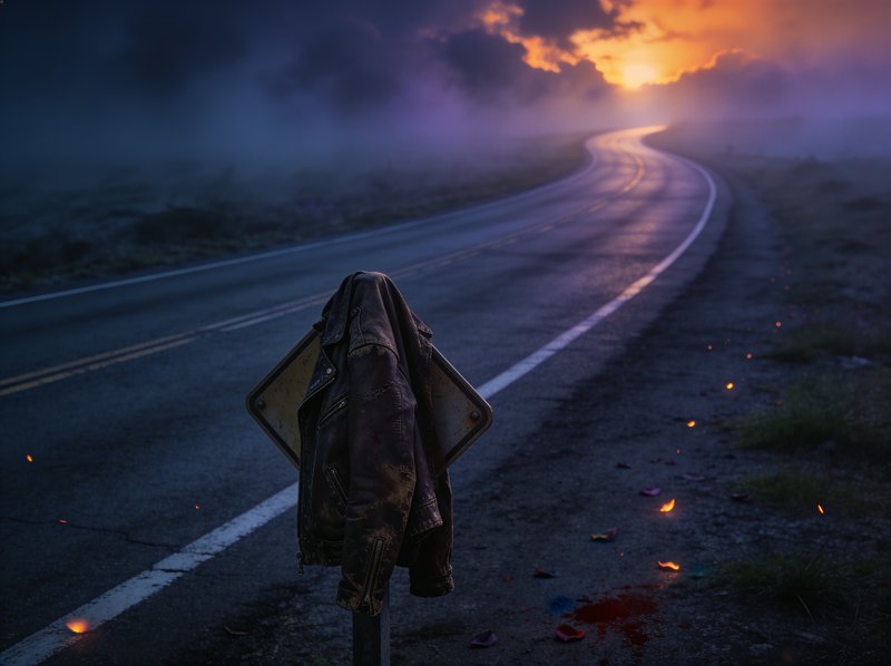Worn leather jacket draped over road sign on foggy winding highway, glowing embers scattered road...