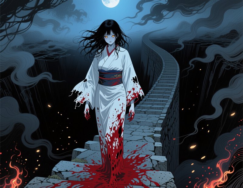 Anime-style yurei ghost in blood-splattered kimono stands on a winding stone staircase under a fu...
