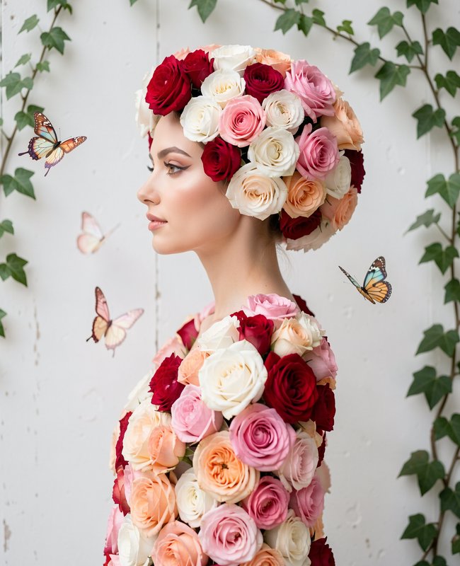 Profile view of a woman wearing a full rose headpiece and floral dress, with floating butterflies...