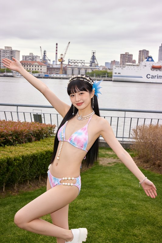 Young woman in a pastel pearl-accented bikini poses playfully on a grassy riverside promenade, wi...