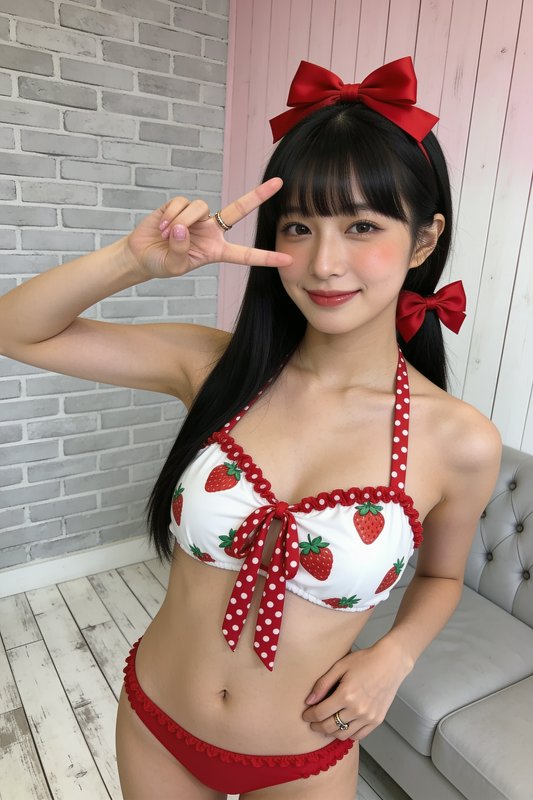 Young smiling woman in strawberry print bikini with red hair bows poses with a peace sign in a pa...