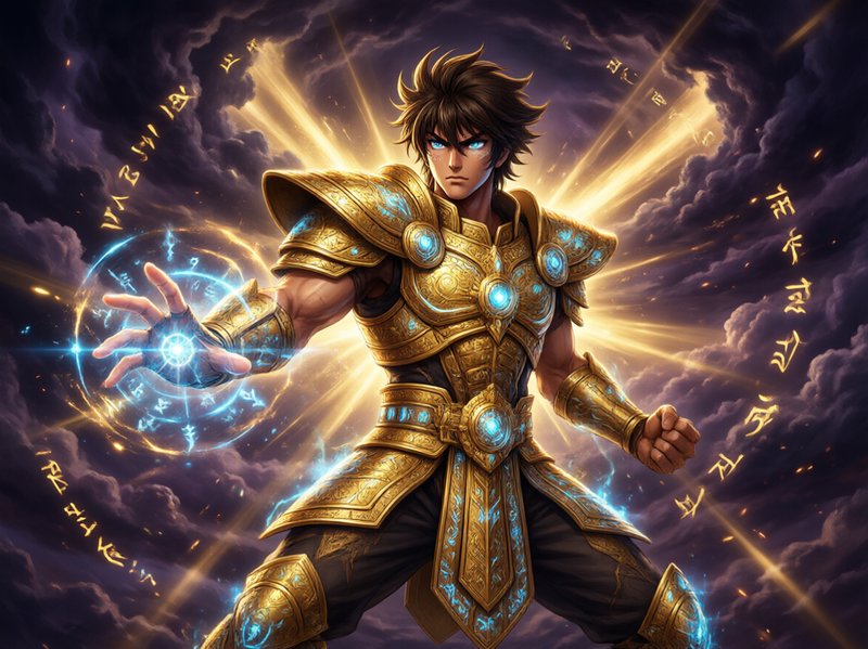 Anime golden armored fantasy warrior summons glowing blue rune magic against a stormy sky with ra...