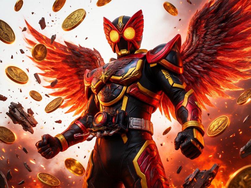 Phoenix-themed armored tokusatsu hero with glowing visor eyes, fiery red wings, surrounded by flo...