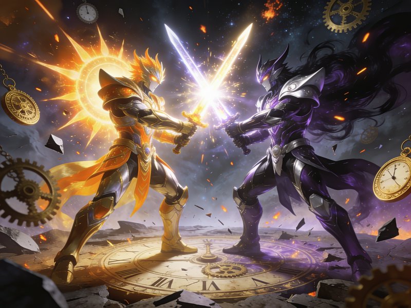 Golden sun knight and purple void knight clash glowing swords on a shattered clock battlefield su...
