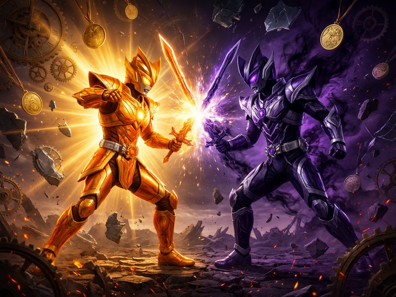 Golden armored hero clashes glowing swords with a dark purple armored villain in an explosive epi...