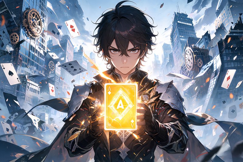 Stoic anime male warrior holds a glowing golden Ace of Diamonds, with floating playing cards in a...