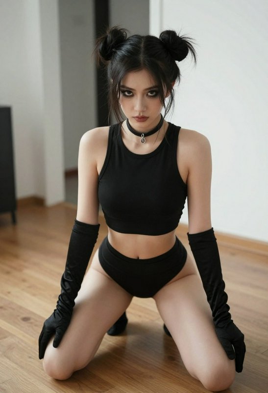 Young woman with double space buns, goth makeup, all-black outfit kneeling on hardwood floor, loo...