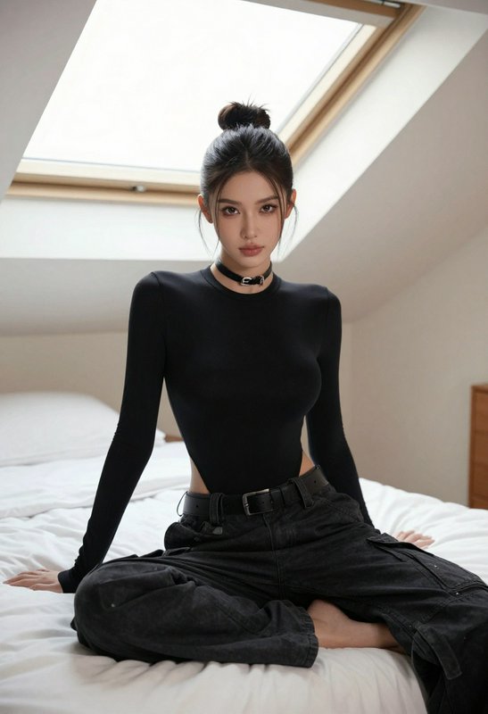 Young stylish woman in black outfit and buckle choker sits cross-legged on a sunlit attic bed, lo...