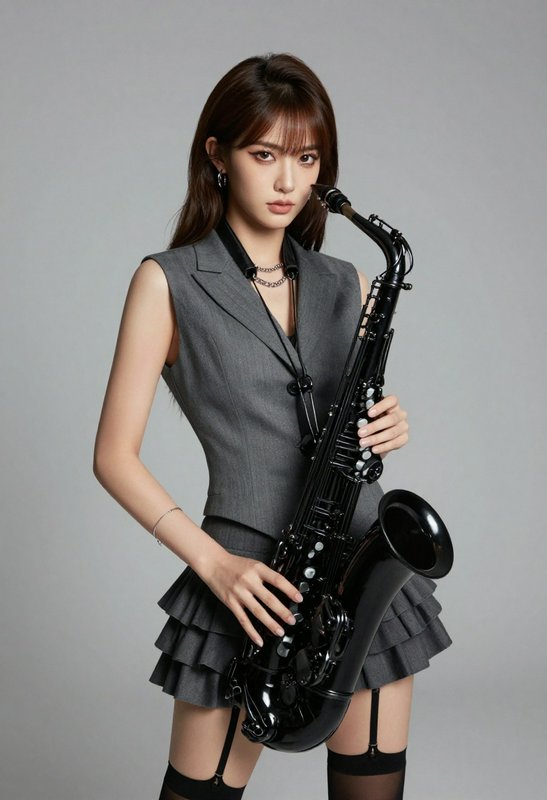 Stylish young female musician posing with a black saxophone against a plain light gray studio bac...