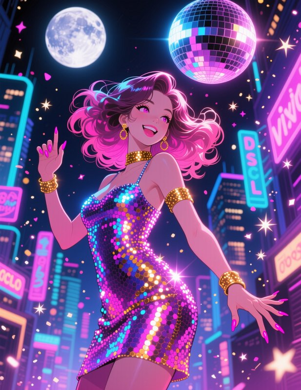 Joyful pink-haired anime dancer in a sequin dress under a glowing disco ball, neon retro city nig...