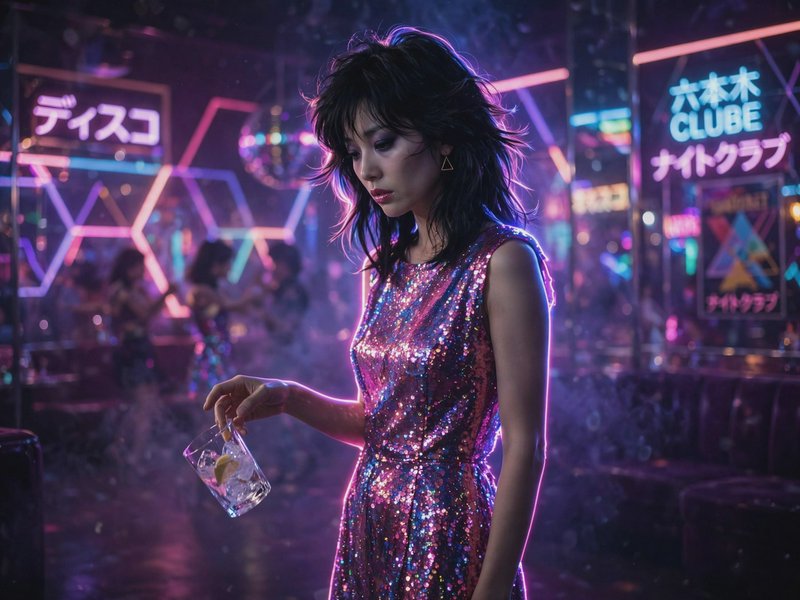 Pensive woman in iridescent sequin dress holds a cocktail in a foggy neon-lit 1980s Tokyo disco n...